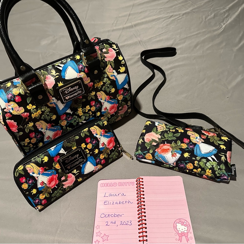 RARE Disney Loungefly Alice Wonderland Flower HEART Matching Three Piece Set